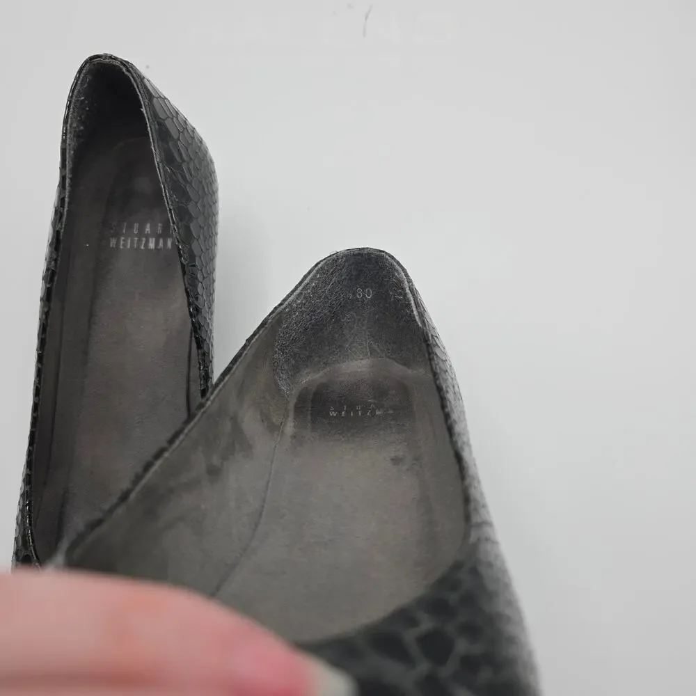 Stuart Weitzman black patent snake print low heel close toe wedges